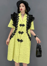 Fashion Green Notched Collar Patchwork Ruffles Oriental Button Mid Dresses Short Sleeve