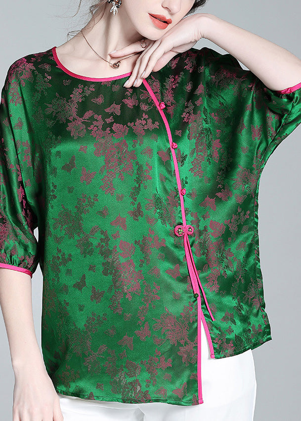 Fashion Green O-Neck Asymmetrical Button Silk Top Summer
