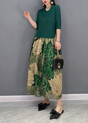 Fashion Green O-Neck Chiffon Patchwork Print Knit Long Dress Half Sleeve