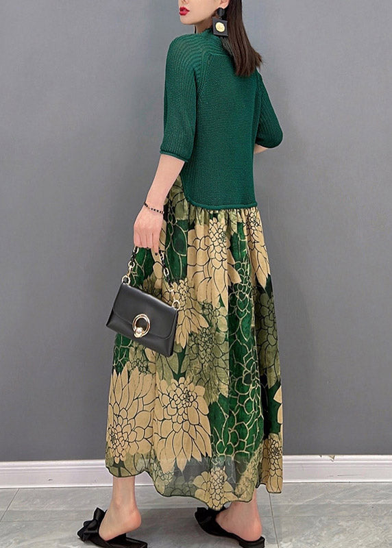 Fashion Green O-Neck Chiffon Patchwork Print Knit Long Dress Half Sleeve