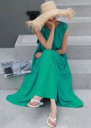 Fashion Green O-Neck Cotton Spaghetti Strap Dress Sleeveless
