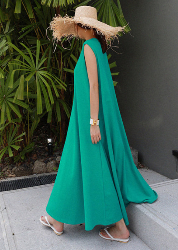 Fashion Green O-Neck Cotton Spaghetti Strap Dress Sleeveless