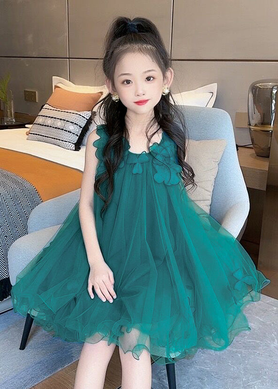 Fashion Green O-Neck Floral Layered Tulle Kids Long Dress Sleeveless