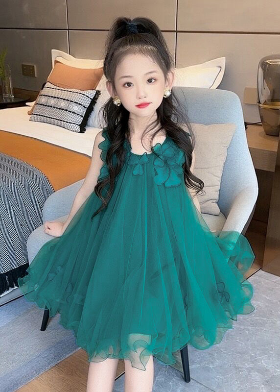 Fashion Green O-Neck Floral Layered Tulle Kids Long Dress Sleeveless