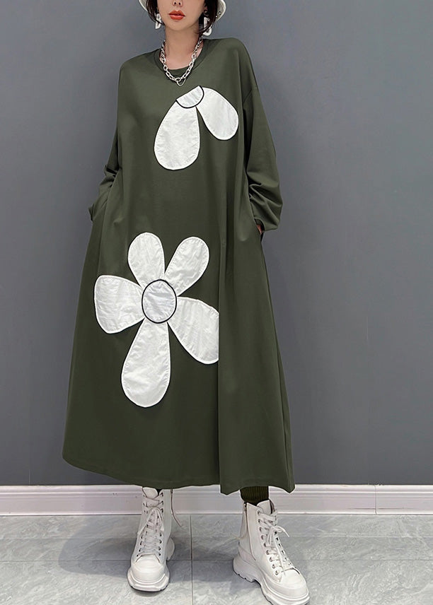 Fashion Green O-Neck Floral Maxi Dresses Spring