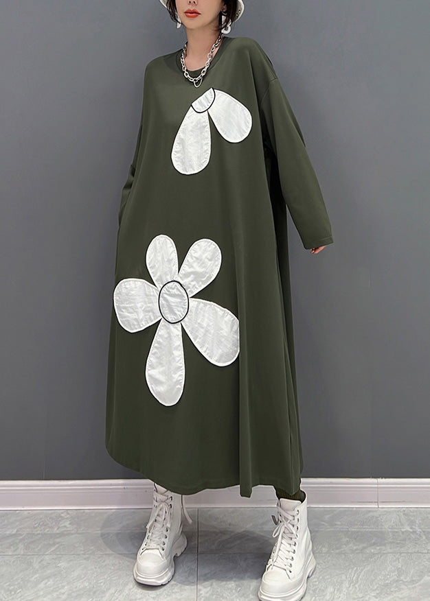 Fashion Green O-Neck Floral Maxi Dresses Spring