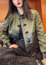 Fashion Green O-Neck Patchwork Button Leather Jacket Fall
