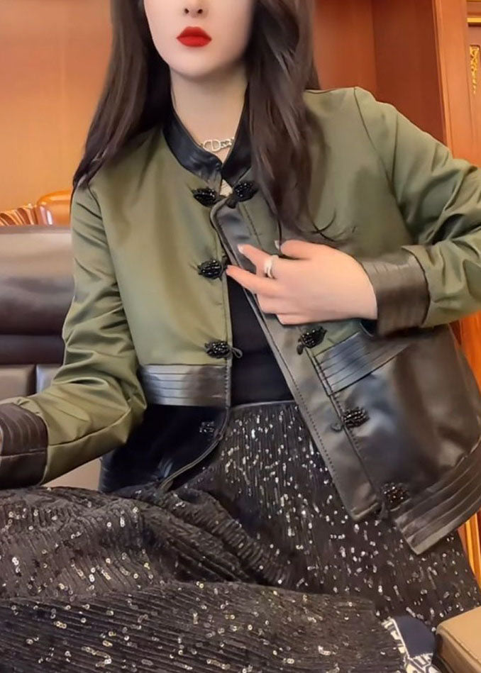 Fashion Green O-Neck Patchwork Button Leather Jacket Fall