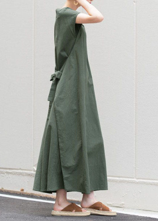 Fashion Green O Neck Patchwork Cotton Dress Short Sleeve