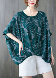Fashion Green O-Neck Print Cotton Pullover Tops Short Sleeve