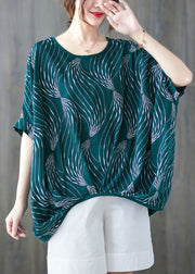 Fashion Green O-Neck Print Cotton Pullover Tops Short Sleeve