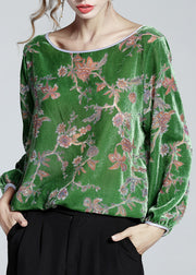Fashion Green O-Neck Print Velour Top Spring