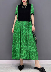 Fashion Green O-Neck Print Weste Patchwork Holiday Dress Short Sleeve