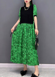 Fashion Green O-Neck Print Waistcoat Patchwork Holiday Dress Short Sleeve