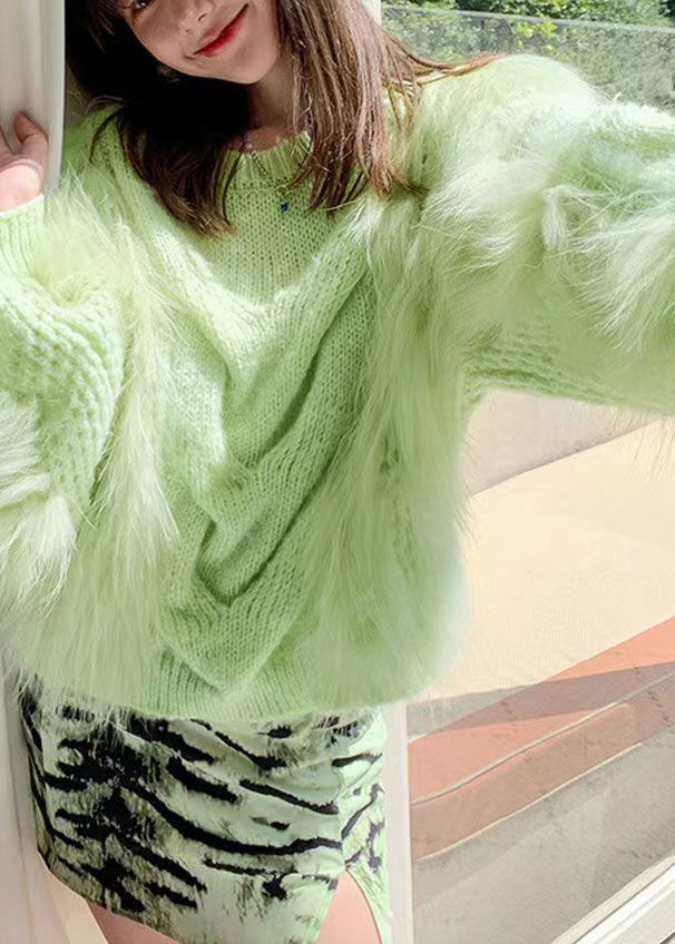 Fashion Green O Neck Raccoon Fur Patchwork Knit Pullover Lantern Sleeve