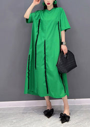 Fashion Green O-Neck Ruffled Patchwork Pockets Long Dress Short Sleeve