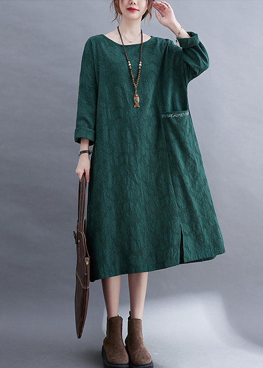 Fashion Green O-Neck side open Jacquard Pocket Linen Dress Long Sleeve