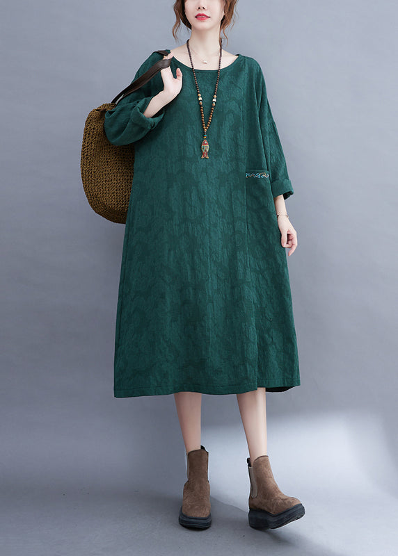 Fashion Green O-Neck Seite offen Jacquard-Tasche Leinenkleid Langarm