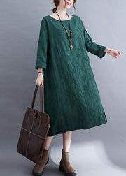 Fashion Green O-Neck Seite offen Jacquard-Tasche Leinenkleid Langarm