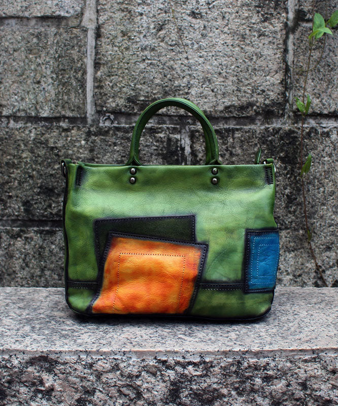 Fashion Green Patchwork Calf Leather Rivet Tote Handbag