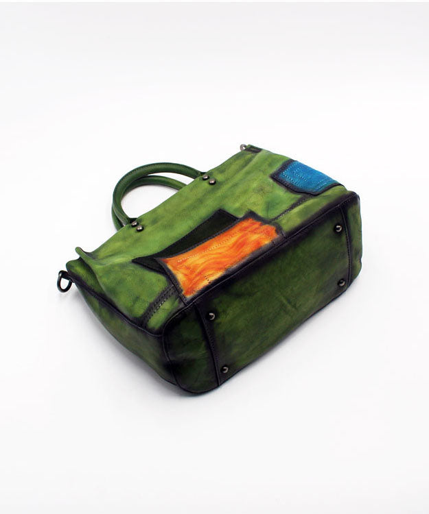 Mode-Grün-Patchwork-Kalbsleder-Niet-Tote-Handtasche
