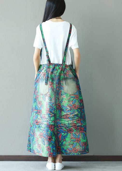 Fashion Green Patchwork Pockets Print Elastic Waist Dress Spring