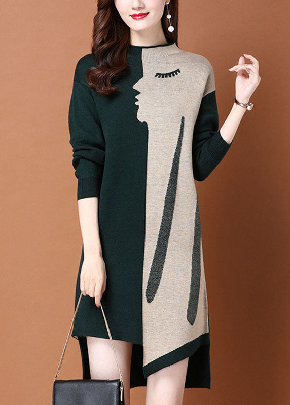 Fashion Green Patchwork asymmetrical design slim fit Fall Sweater Dress