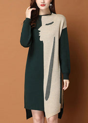 Fashion Green Patchwork asymmetrisches Design Slim Fit Herbst Pullover Kleid