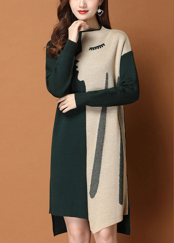 Fashion Green Patchwork asymmetrical design slim fit Fall Sweater Dress