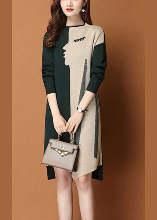 Fashion Green Patchwork asymmetrisches Design Slim Fit Herbst Pullover Kleid