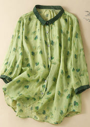 Fashion Green Peter Pan Collar Print Button Linen Shirts Long Sleeve