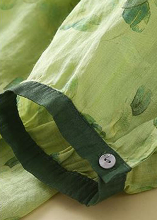Fashion Green Peter Pan Collar Print Button Leinenhemden mit langen Ärmeln