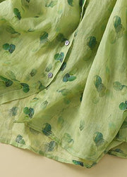 Fashion Green Peter Pan Collar Print Button Leinenhemden mit langen Ärmeln
