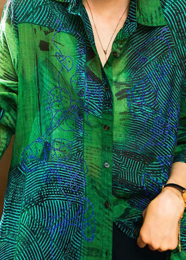 Fashion Green Peter Pan Collar Print Patchwork Cotton Shirts Long Sleeve