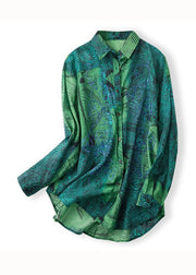 Fashion Green Peter Pan Collar Print Patchwork Cotton Shirts Long Sleeve