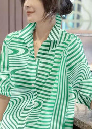 Fashion Green Peter Pan Collar Striped Chiffon Shirts Top Spring