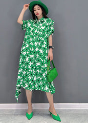 Fashion Green Peter Pan Collar asymmetrical design Print Cotton Holiday Dress Short Sleeve