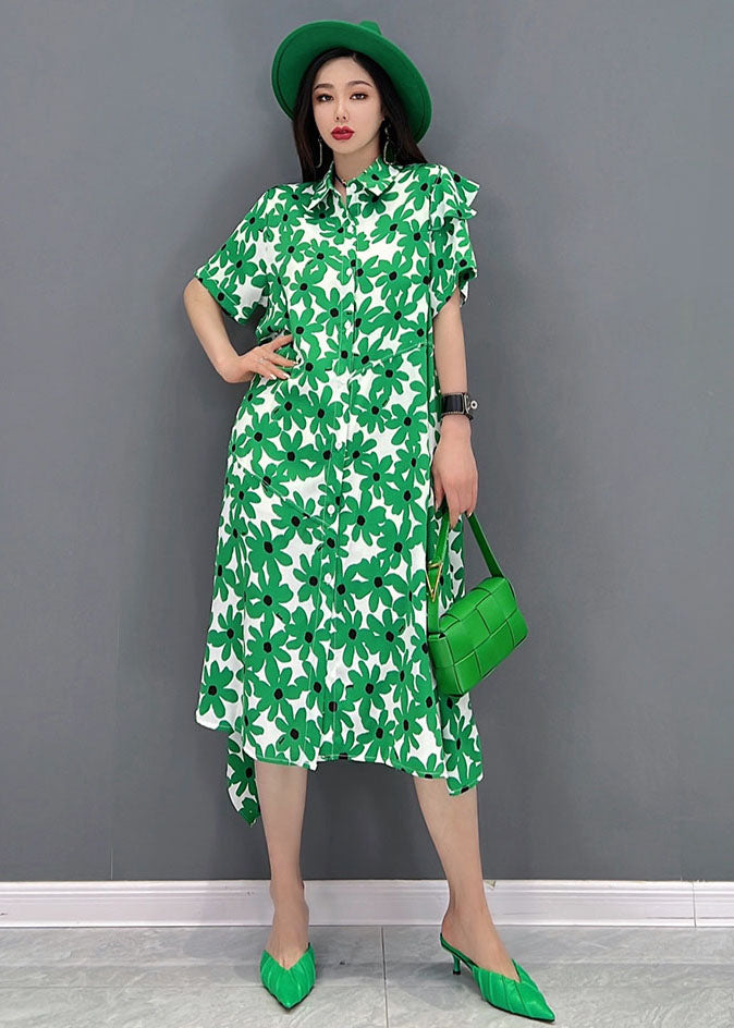 Fashion Green Peter Pan Collar asymmetrisches Design Print Cotton Holiday Dress Short Sleeve