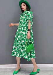 Fashion Green Peter Pan Collar asymmetrical design Print Cotton Holiday Dress Short Sleeve