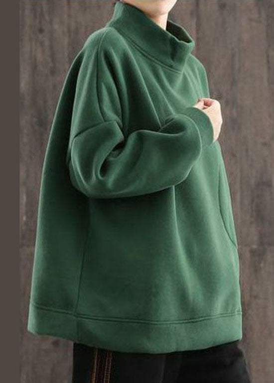 Fashion Green Pockets Warme Fleece-Sweatshirts Top Winter