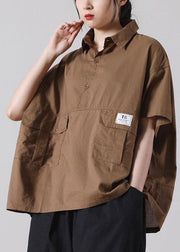 Fashion Green Pockets casual Cotton Blouse Tops Short Sleeve - SooLinen