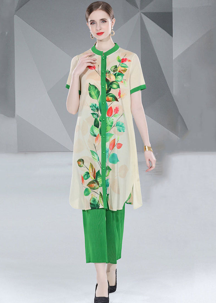 Fashion Green Print Button Loose Chiffon 2 Piece Outfit Summer