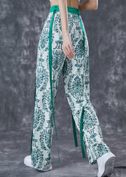 Fashion Green Print Ribbon Cotton Straight Pants Fall