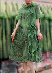 Fashion Green Ruffled Floral Embroidered Patchwork Tulle Dresses Summer