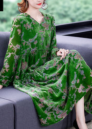 Fashion Green Ruffled Patchwork Velour Dresses Spring