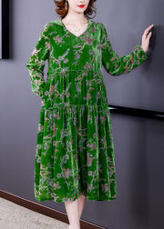 Fashion Green Ruffled Patchwork Velour Dresses Spring