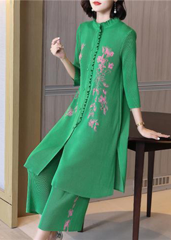 Fashion Green Ruffled Wrinkled Side Open Women Sets 2 Pieces Spring