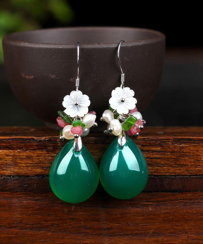 Fashion Green Silver Inlaid Shell Flower Chalcedony Pearl Drop Earrings