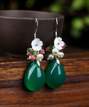 Fashion Green Silver Inlaid Shell Flower Chalcedony Pearl Drop Earrings