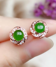 Fashion Green Silver Overgild Zircon Jade Stud Earrings